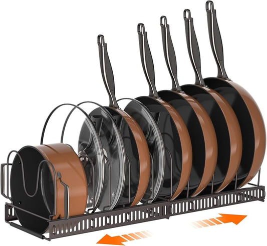 MUDEELA Pots and Pans Organizer Rack for under Cabinet, Expandable Pot Lid Kitchen Cabinet Organizer Holder with 10 Adjustable Compartment Cutting Board Organizer for Pan Lid Cookie Sheet Rack, Bronze