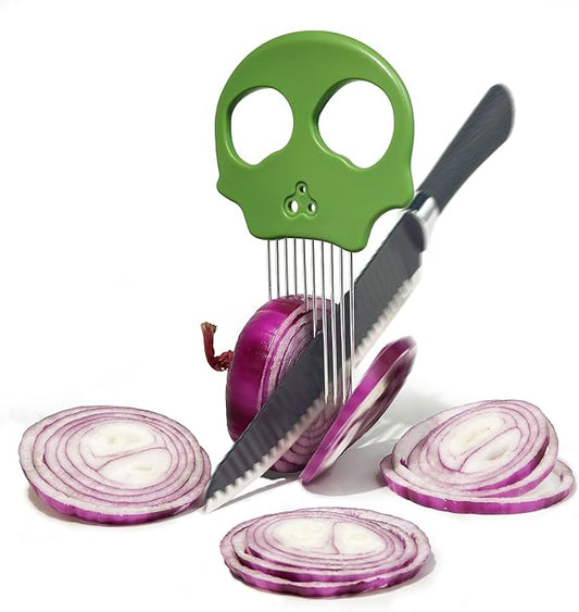 Stainless Steel Onion Cutter & Egg Slicer – Multi-Function Vegetable Cutter and Herb Stripper for Avocados, Tomatoes, and Potatoes (Green)