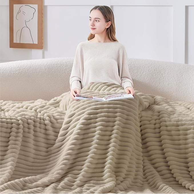 BEDELITE Blankets Queen Size for Bed, 300GSM Soft & Warm Fleece Blanket, Decorative and Giftable Striped Linen Blankets for Women, Men, 90"x90"