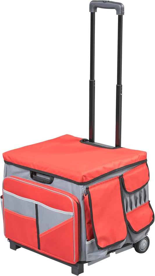 Mobile Folding Utility Cart with Canvas Storage Organizer Bag, Rolling Cart, Red/Grey