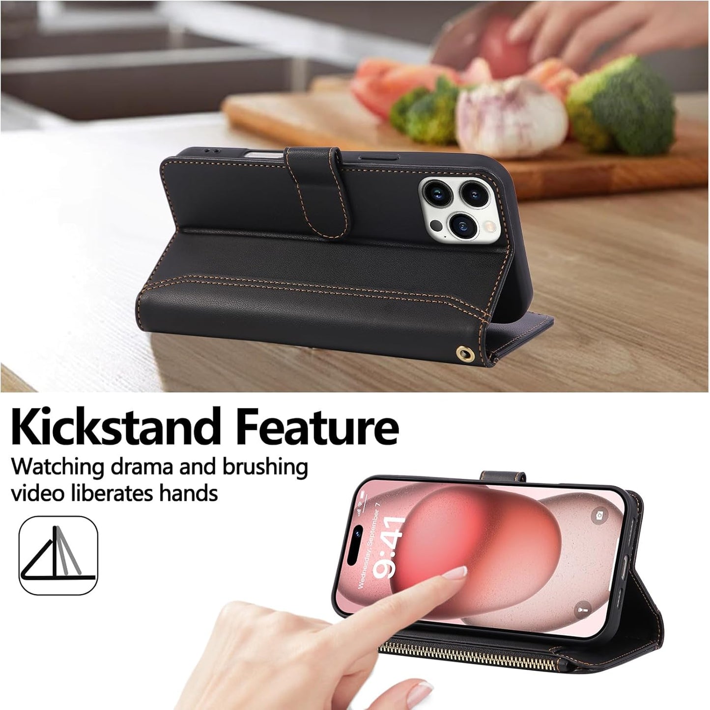 Compatible with iPhone 13 Pro Max Wallet Phone Case-PU Leather Magnetic Flip Cover with Credit Card Slots,Zipper Pocket & Detachable Wrist Strap,Shockproof Design,for Women and Men-Black