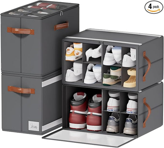 4 Pack Shoe Organizer for Closet, Foldable Shoe Storage Organizer with Adjustable Dividers and Clear Cover, Stackable Fabric Closet Shoe Organizer Storage Box Fits 32 Pairs, Gray