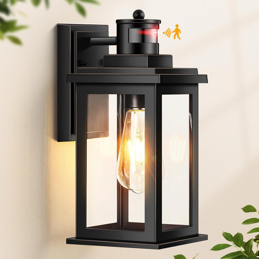 VIANIS Motion Sensor Porch Light, Black Outdoor House Lights Dusk to Dawn, Waterproof Outdoor Light Fixtures Lantern for Garage, Porch, House, Patio, Doorway,Weather Resistant,Hardwired, Non-Solar