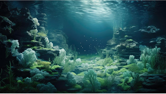 Aquarium Background Underwater Bioluminescent Life Coral Terrarium Backdrop White Coral Lush Moss Fish Tank Background Rock Sunlight Rays Tank Aquarium Wallpaper Poster Vinyl 30x12in