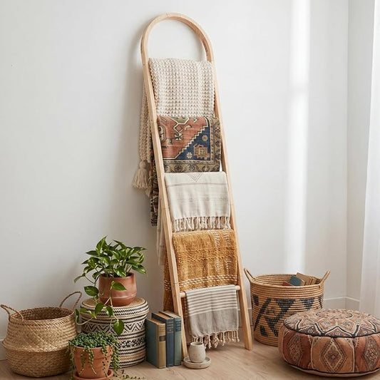 Sintuff Arched Blanket Ladder for Living Room, 5.5ft Wooden Blanket Rack, 5-Tier Natural Leaning Ladder Shelf for Farmhouse Bedroom Living Room Bathroom Decor(Arch,Oak)