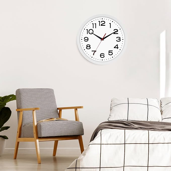 Wall Clock Silent Non-Ticking Modern Clock Battery Operated 8 Inch Small Classic Analog Decorative for Kitchen, Living Room, Office, Bedroom, Bathroom (White)