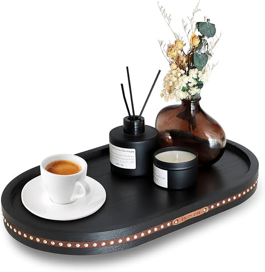 Decor Decorative Round Tray 11.81in for Home Decor for Coffee Table Farmhouse Kitchen Table Living Room Bathroom Centerpiece Tray Decor Oval Black