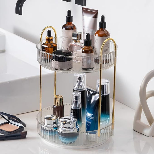 INVSSENE 360° Rotating Makeup Organizer, Bathroom Make Up Spinning Holder Rack, Large Capacity Cosmetics Storage Vanity Shelf Countertop, Fits Cosmetics, Perfume, Skincare(2 Tiers, Clear)
