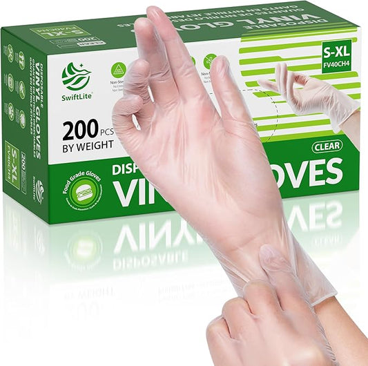 SWIFTLITE Disposable Vinyl Gloves, Food Safe, Latex-Free Powder-Free Clear Plastic Gloves for Cooking, House Clean, Food Prep