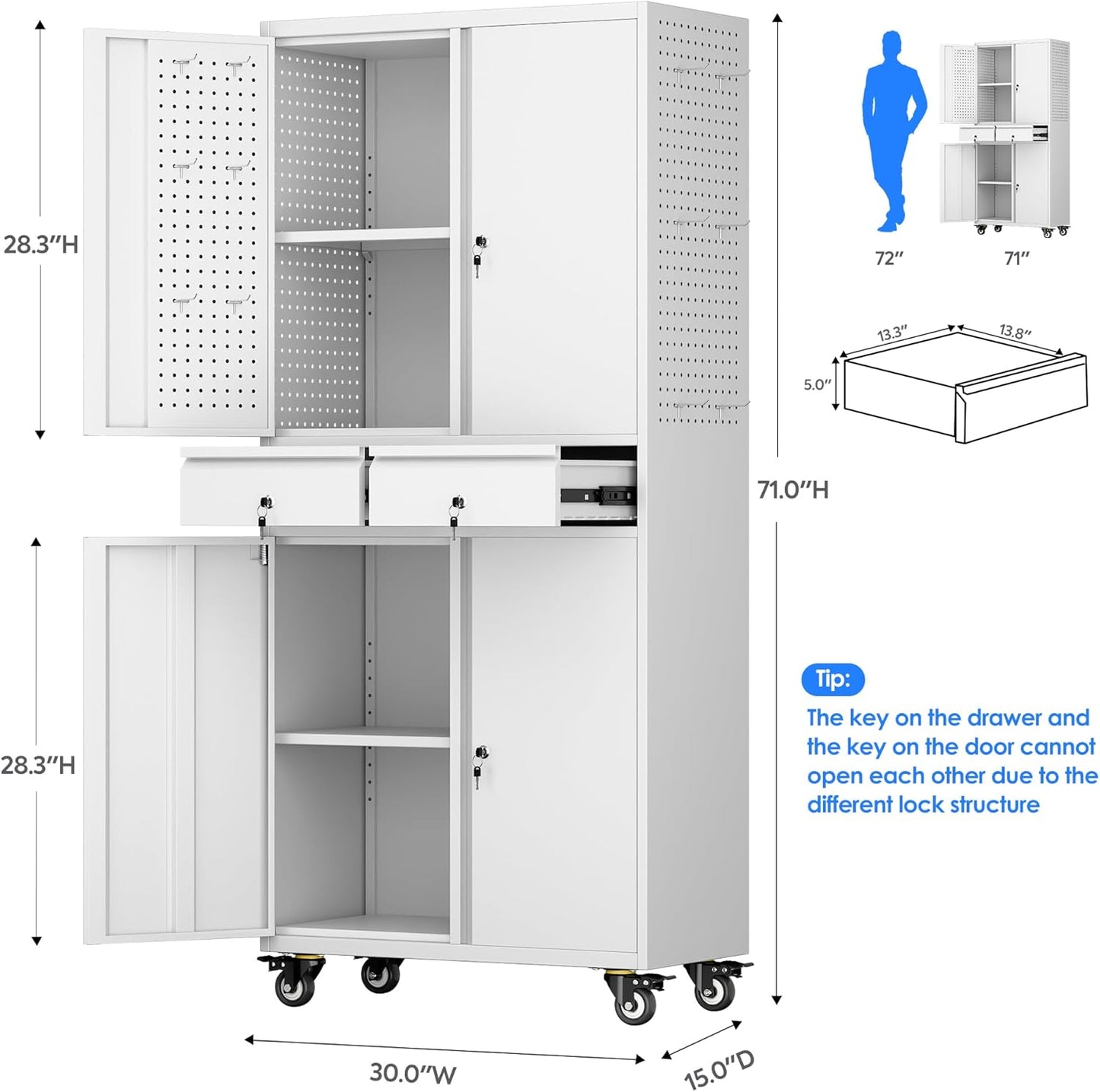 Metal Garage Storage Cabinet with Locking Doors and 2 Adjustable Shelves, Rolling Tool Storage Cabinet with 4 Wheels and 2 Drawer for Garage, Warehouse, White, Assembly Required