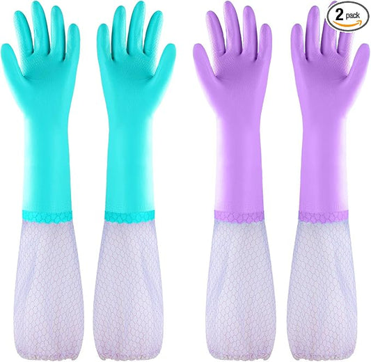 Elgood Reusable Long Sleeve Dishwashing Cleaning Gloves with Latex Free,Cotton Lining,Kitchen Gloves 2 Pairs,Purple+Blue M