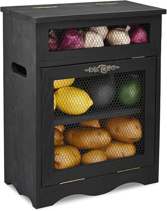 Ikee Design Free Assemble Wooden Countertop Potato and Onion Storage Bin Box, Countertop Cabinet, Wooden Bread Boxes, Potato Storage, Coffee Station,11.8W x 6.8D x 16H in, Black Color