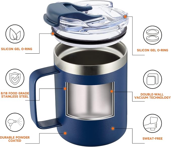 12oz Stainless Steel Insulated Coffee Mug with Handle, Double Wall Vacuum Travel Mug, Tumbler Cup with Fliping Lid, Navy and Army Green