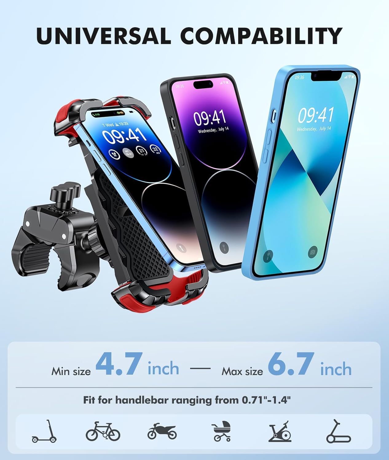 Motorcycle Phone Mount, Upgrade Bike Phone Mount [1s Lock][Secure Protection], 360° Rotatable Phone Holder for Mountain Bike/ATV/Scooter Handlebar, Compatible with iPhone/Samsung 4.7-6.7" (Red)"