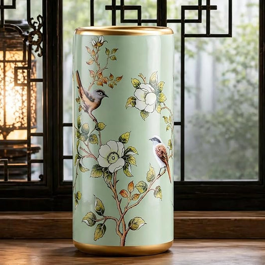 Ceramic Entryway Umbrella Stand,Handmade Appliques Chinese Umbrella Stand Barrels,Vintage Floor Standing Cane Holder Placed & Flower Vases for Hotel Office Home Entrance,D,17.3in