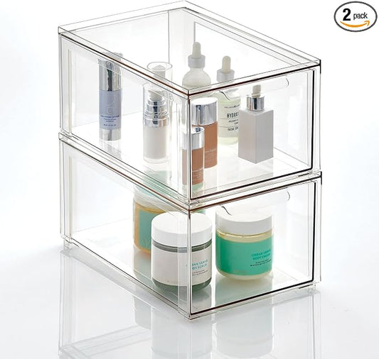 mDesign Plastic Stackable Bathroom Storage with Pull Out Bin Organizer Drawer for Cabinet, Vanity, Shelf, Cupboard, Cabinet, or Closet Organization - Lumiere Collection - 2 Pack - Clear