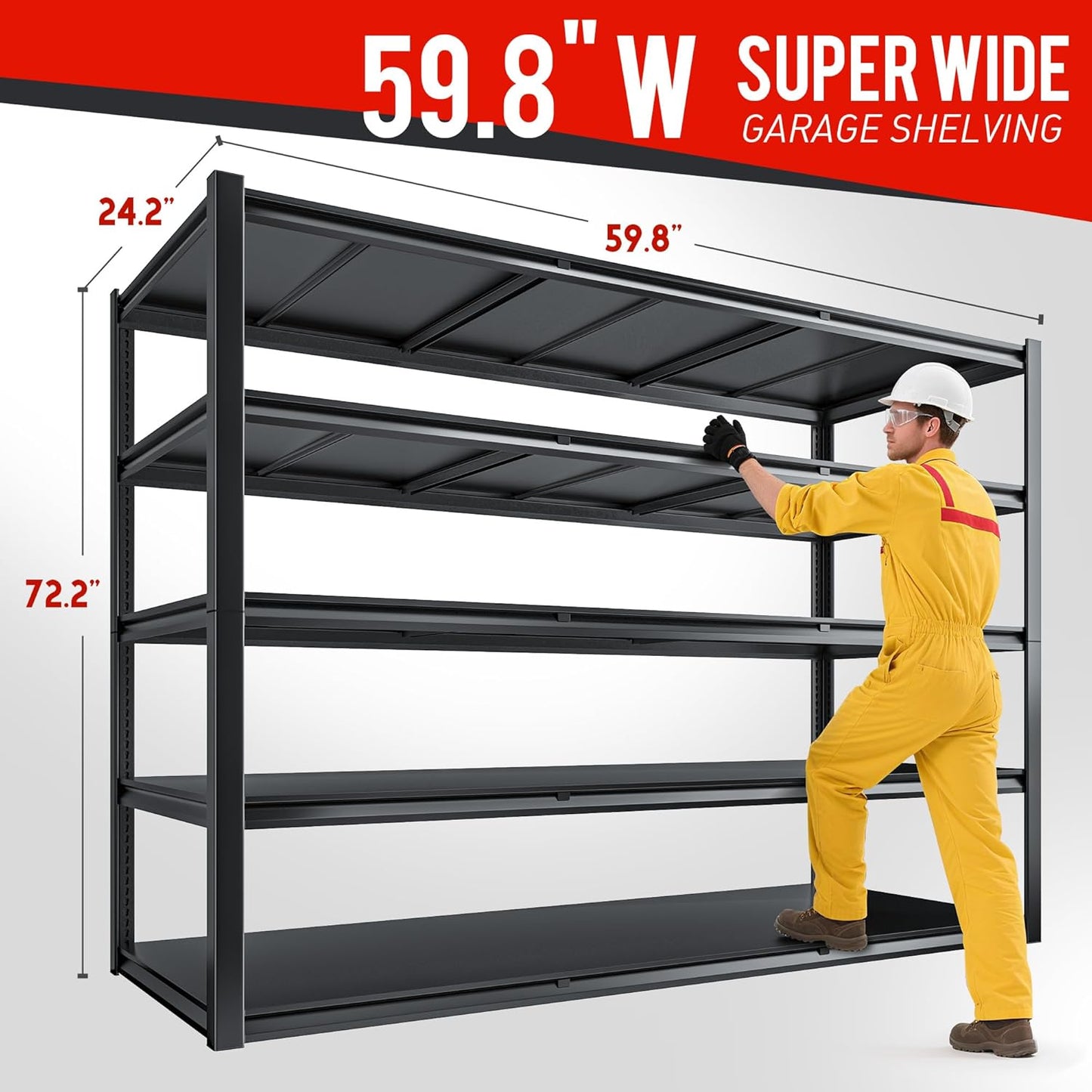 59.8" W x 72.2" H x 24.2" D Metal Storage Shelves, 2650LBS Garage Shelving Unit with Adjustable Shelf, 5 Tier Storage Rack for Garage, Pantry, Warehouse, Basement, Black, 2 Pack