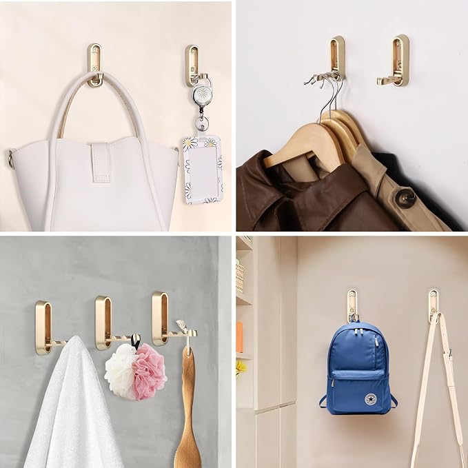 Dntorx Folding Coat Hooks, 6 Pcs Foldable Gold Wall Hooks Heavy Duty Foldable Hook Bathroom Towel Hooks Robe Hooks Wall Mounted for Hanging Coat Towels Clothes Hat Bags Keys