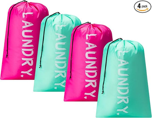 4 Pack XL Travel Laundry Bag, Machine Washable Dirty Clothes Organizer with Drawstring,Large Enough to Hold 4 Loads of Laundry, Easy Fit a Laundry Hamper or Basket Travel Essentials 24" x 36"