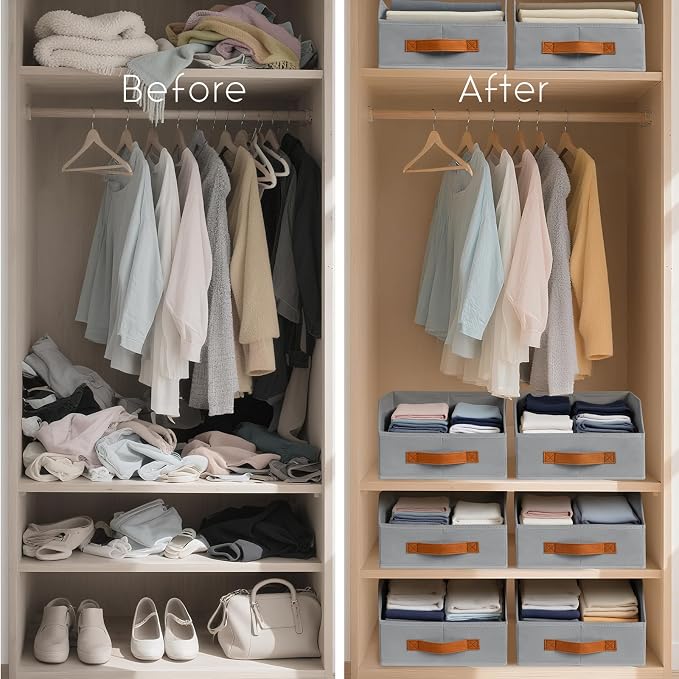 Homsorout Fabric Storage Bins for Organizing - 4 Pack Large Trapezoid Collapsible Storage Bins with Front Handle, Closet Organizers and Storage for Bedroom, Home Shelves, Small Spaces, Grey