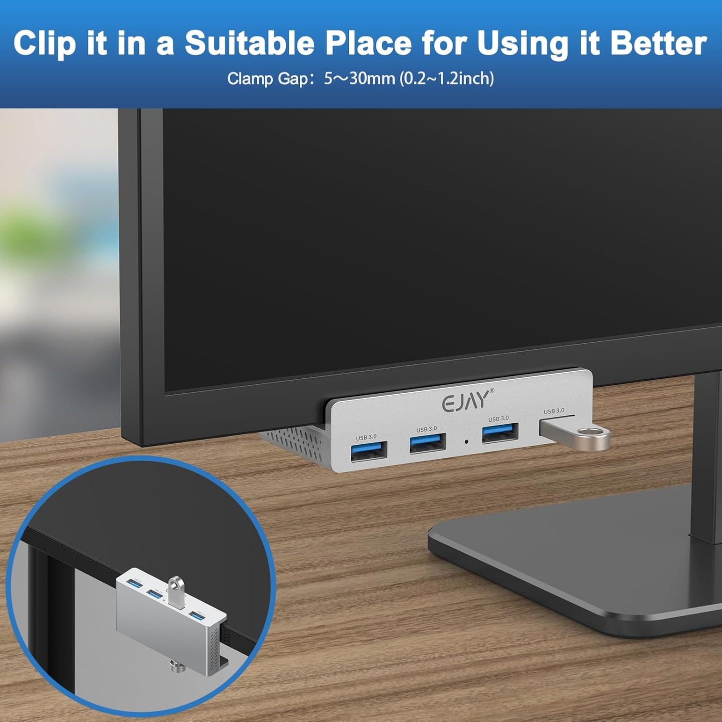 USB HUB3.0,Clamp USB HUB,Aluminum 4-Port USB Adapter with Extra Power Supply Port and 2pcs Long Cable(59inches Data & 39inches Power Cables) for iMac,Laptop,MacBook Pro,Dell,Xbox,HDD/U Disk etc