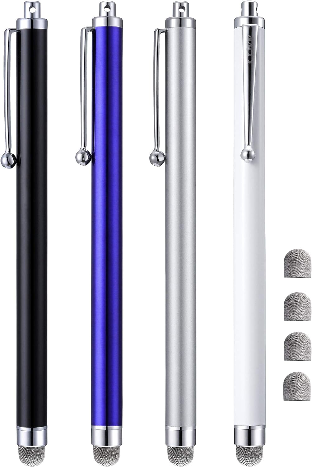 Stylus Pens, CCIVV 4 Pcs 5.6 Inches Mesh Tip Stylus for Touch Screens, iPad, iPhone, Kindle Fire, 4 Extra Replaceable Hybrid Fiber Tips (White, Black, Silver, Blue)