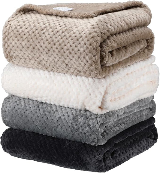 Newwiee 4 Pcs Flanne Fleece Throw Blanket for Bed Couch Large 3D Waffle Textured Soft Blanket Winter Warm Lightweight No Shedding No Pilling Decorative Throw, 50x60 Inch(Neutral Color)
