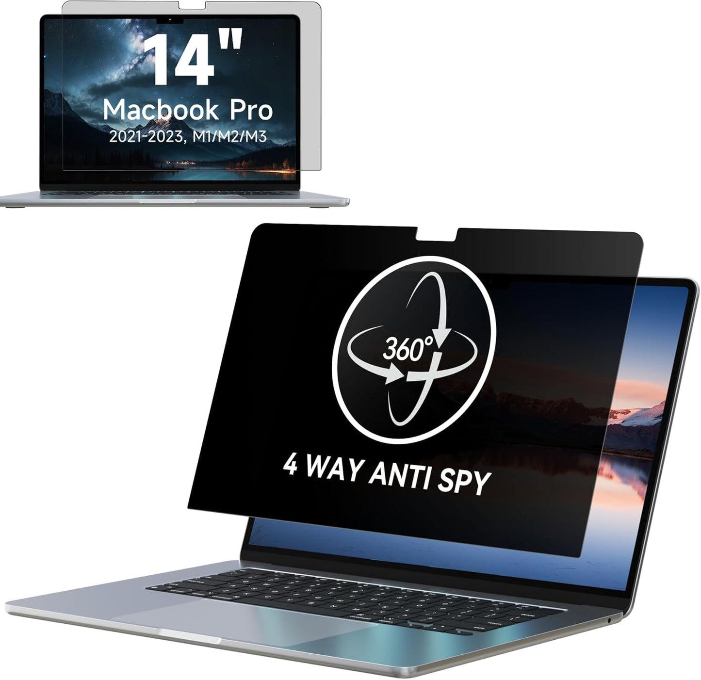IPROKKO 360° Privacy Screen MacBook Pro 14 inch (2021, 2022, 2023, M1, M2, M3, Pro, Max), Removable Matte Anti Glare Blue Light 14" Mac Scratch Resistant Laptop Screen Protector Filter"
