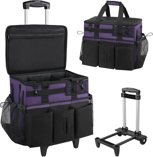 SCAVATA Rolling Cleaning Caddy Bag with Detachable Trolley, Large Cleaning Supplies Organizer with Wheels, Multi Pocket Cleaning Cart with Adjustable Shoulder Strap for Housekeeper & Home, GrapePurple