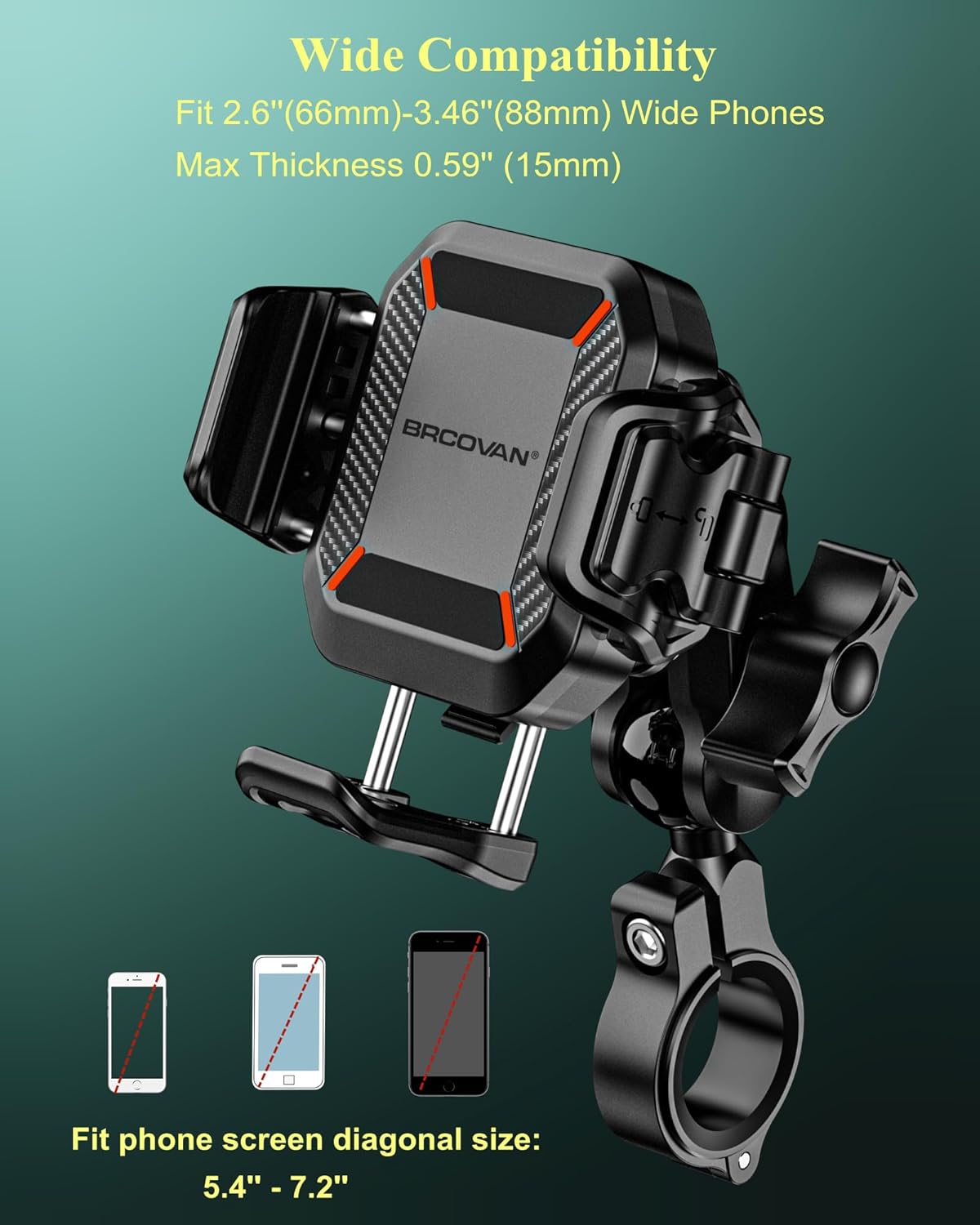 BRCOVAN Anti-Theft Motorcycle Phone Mount with Vibration Dampener, [1s Lock] [Camera Friendly] Handlebar Cellphone Holder for Bike Bicycle Scooter ATV, Adjustable Size Fit 5.4-7.2" Smartphone"