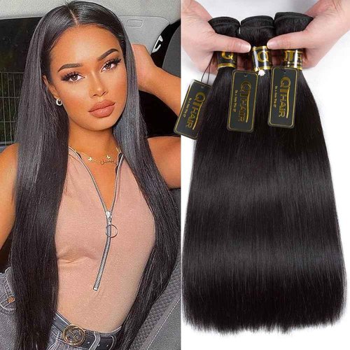 QTHAIR Straight Bundles Human Hair Indian Straight Virgin Hair 16A 100% Unprocessed Human Hair Bundles(12" 14" 16'',300g) Indian Virgin Hair Natural Color