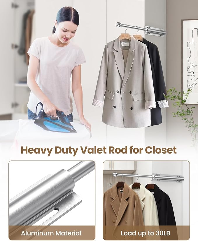 Supforce 14" Valet Rod for Closet Pull Out, Retractable Slide Out Valet Rod Closet Organization, Aluminum Valet Clothing Hanger Rods Perfect for Suits, Freshly Pressed Clothes, Polished Chrome