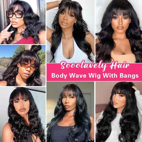 Sooolavely 20 Inch Body Wave Wigs with Bangs Human Hair Wig for Women Machine Made None Lace Front Wigs 180% Density Brazilian Virgin Human Hair Glueless Wig with Adjustable Drawstring Natural Color