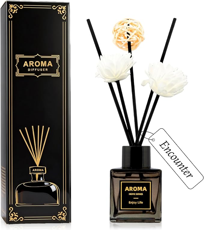 Black Glass Bottle Scent Diffuser, 1.7 oz Reed Diffuser with Sticks, Home Fragrance for Bookshelf, Bedroom Vanity, Office Desk & Bathroom Decor, Air Freshener for Aesthetic Room Decor (Encounter)