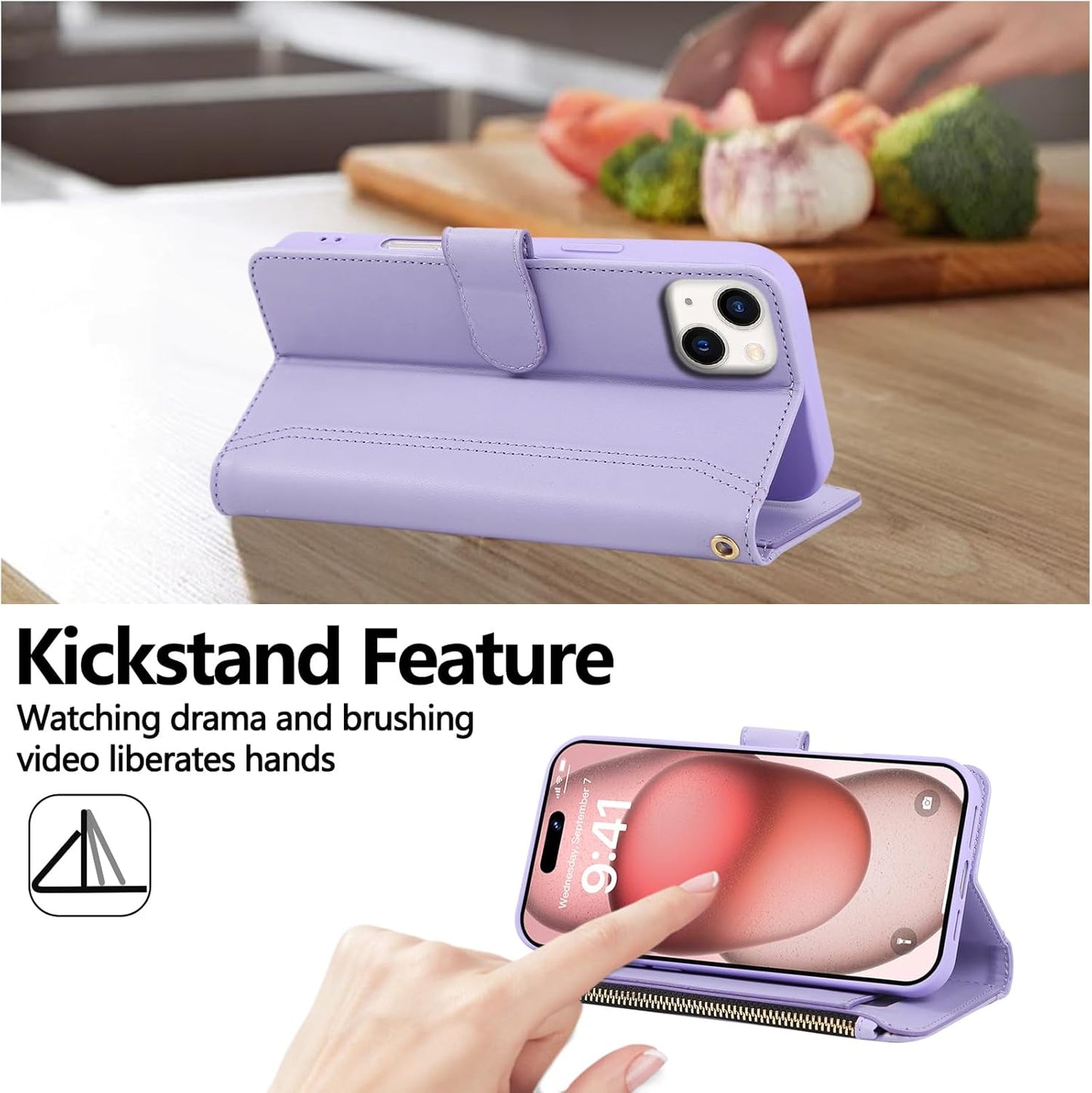 Compatible with iPhone 15 Wallet Phone Case-PU Leather Magnetic Flip Cover with Credit Card Slots,Zipper Pocket & Detachable Wrist Strap,Shockproof Design,for Women and Men-Purple