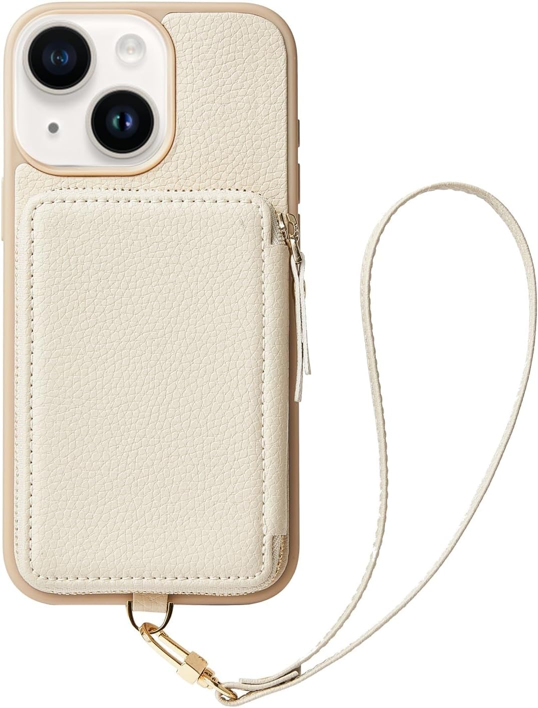ZVE Wallet Case for iPhone 15, Phone Case with Card Holder Wrist Strap Compatible iPhone 15, RFID Blocking Zipper Leather Gift Cover for Women for iPhone 15, 6.1"(2023) - Beige"
