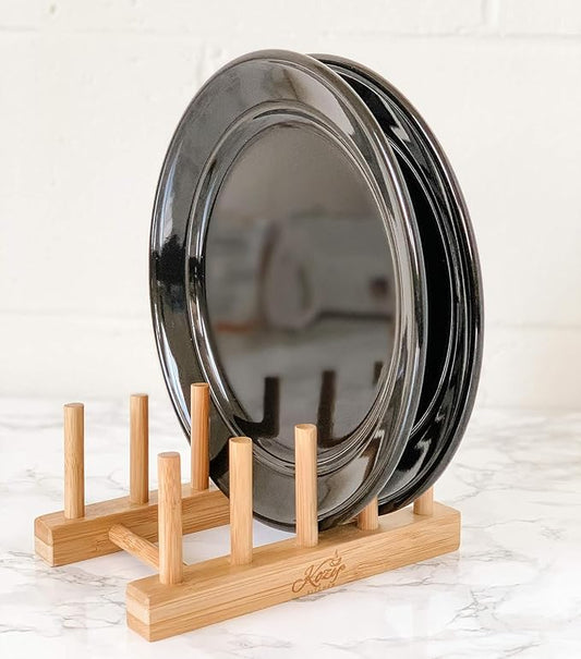 Pot Lid Organizer, Dish Drying Rack Dishware Holder 100% Natural Bamboo Drainer Stand - Wooden Finish- Holds Plates Bowls Mugs Cups Cutting Board (Natural Bamboo- Plate Holder (Set of2))