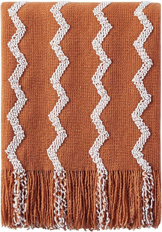 BOURINA Fluffy Chenille Knitted Fringe Throw Blanket Lightweight Soft Cozy for Bed Sofa Chair Throw Blankets, Orange 60"x80"