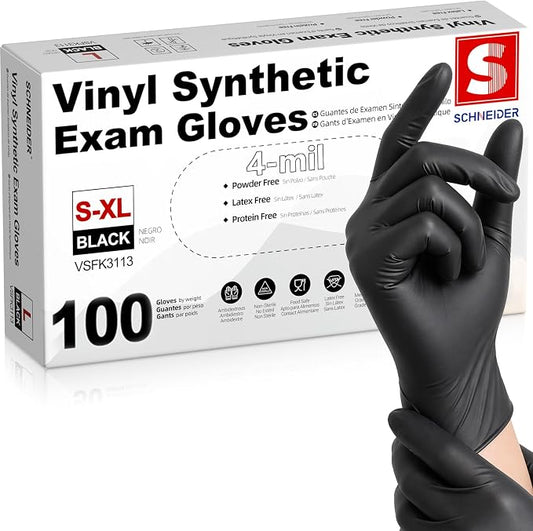 Schneider Vinyl Synthetic Exam Gloves, 4 Mil, Latex Free Disposable Gloves for Medical, Cooking, Cleaning, and Food Prep