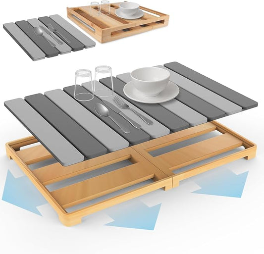 ArtyCozy Large Rollable Stone Drying Mat with Foldable Bamboo Dish Drying Rack for Kitchen Counter, Super Absorbent Diatomaceous Earth and Quick Drying Rack, 24"×16", Dark and Light Grey