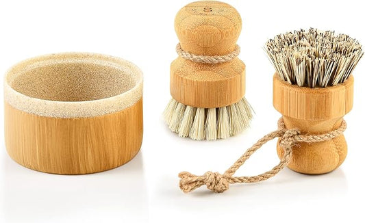SUBEKYU Bamboo Dish Brush Set with Soap Holder, Wooden Dish Scrubber with Soap Dispenser, Natural Kitchen Scrub Brush, Washing Pot/Pans/Cast Iron, 2 Pack, Sisal + Coconut Palm Bristles