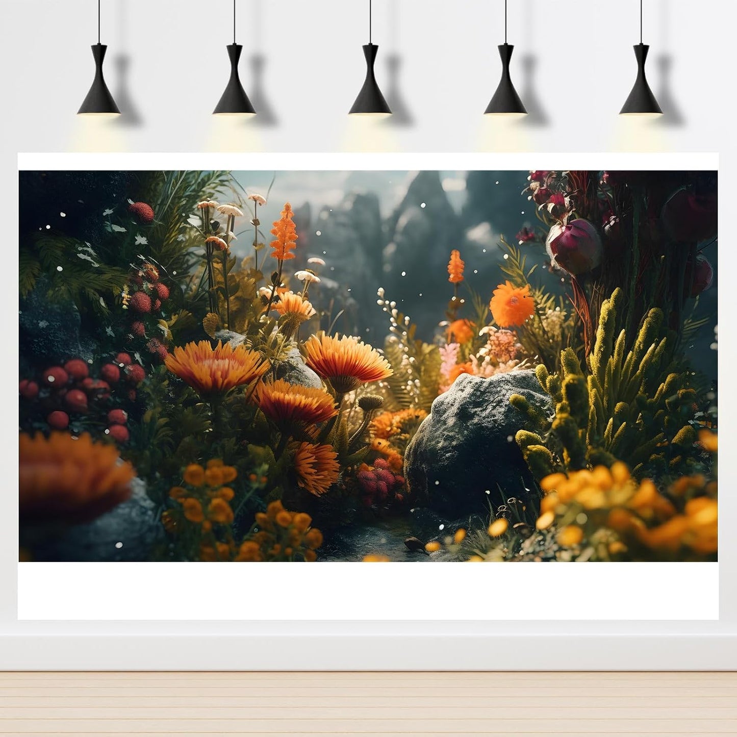 Foggy Stone Terrarium Background Green Seaweed Scenery Orange Floral Aquarium Background Durable Reptile Habitat Flower Background Mysterious Tank Backdrop Vinyl 30x18in