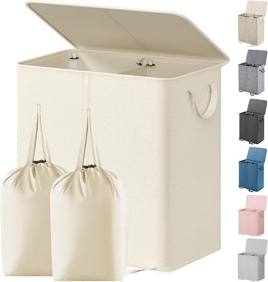 Lifewit Double Laundry Hamper with Lid and Removable Laundry Bags, Large Collapsible 2 Dividers Dirty Clothes Basket with Handles for Bedroom Laundry Room Closet Bathroom College, 136L Ivory White