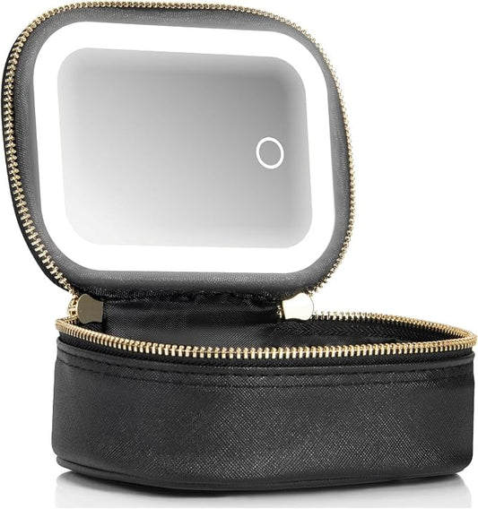 Mini Makeup Bag with Led Mirror, Small Travel Make up Bag 3 Light Modes Adjustable Brightness, for Women Organizer Cosmetic Bag, Portable Travel Train Toiletry Bag, for Pool Parties Work Touch-Ups