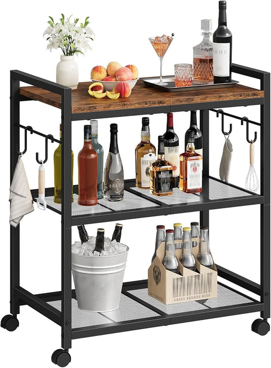 CHOEZON 3-Tier Rolling Bar Cart, Vintage Metal Kitchen Cart with Wheels, Mobile Storage Shelf, Rolling Microwave Stand with Mesh Shelves for Home Bar, Kitchen, Rustic Brown and Black TTC06BF