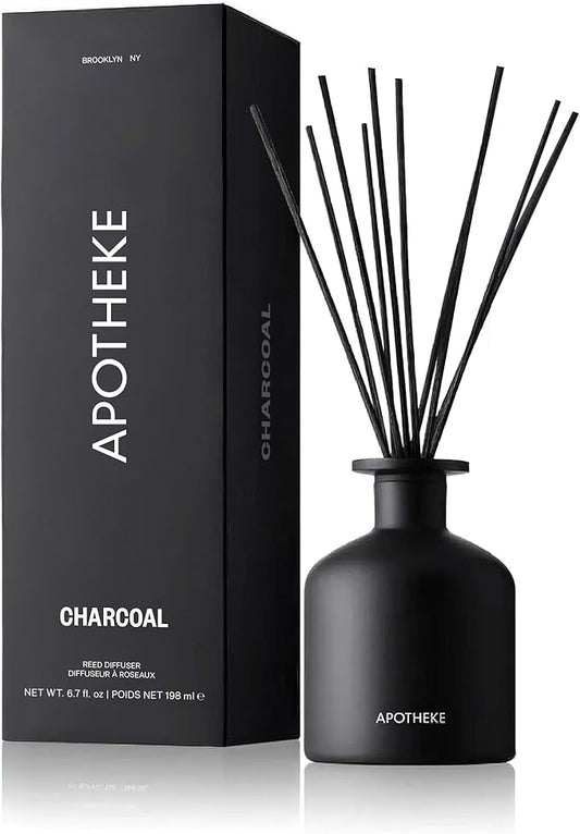 Apotheke Luxury Scented Reed Diffuser for Home, Charcoal - 6.7 Fl Oz Essential Oil Aromatherapy - 10 Rattan Scent Sticks Room Diffuser - Long-Lasting Fragrance for Bedroom, Home, Bathroom