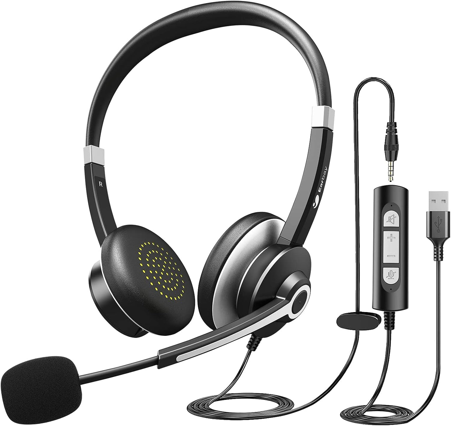 Earbay USB Headset with Microphone for PC, Computer Headset with Microphone Noise Cancelling for Laptop, 3.5mm Jack On-Ear Wired Headphones with Mic, Volume Control for Call Center/Skype/Zoom/Webinar