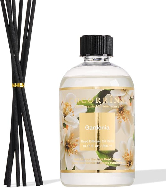 Cocorrína Reed Diffuser Refill Gardenia 10.14oz (300ml) with 8 Sticks - Premium Long-Lasting Floral Essential Oil, Home Fragrance for Bedroom, Bathroom Home Decor