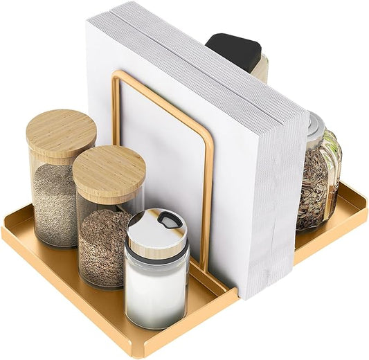 Audmore Gold Napkin Holder for Table, Metal Napkin Storage with Salt and Pepper Shakers Caddy for Dining Table Decor
