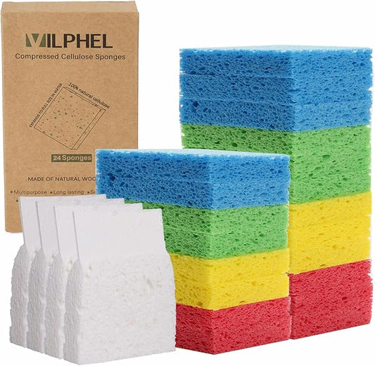 Compressed Natural Cellulose Sponges 24 Pack Regular Size Multicolor Soft Reusable Non-Scratch Long-Lasting Basics Dish Washing Sponges for Kitchen Cookware and Bathroom, DIY Cuts-Out for Fun